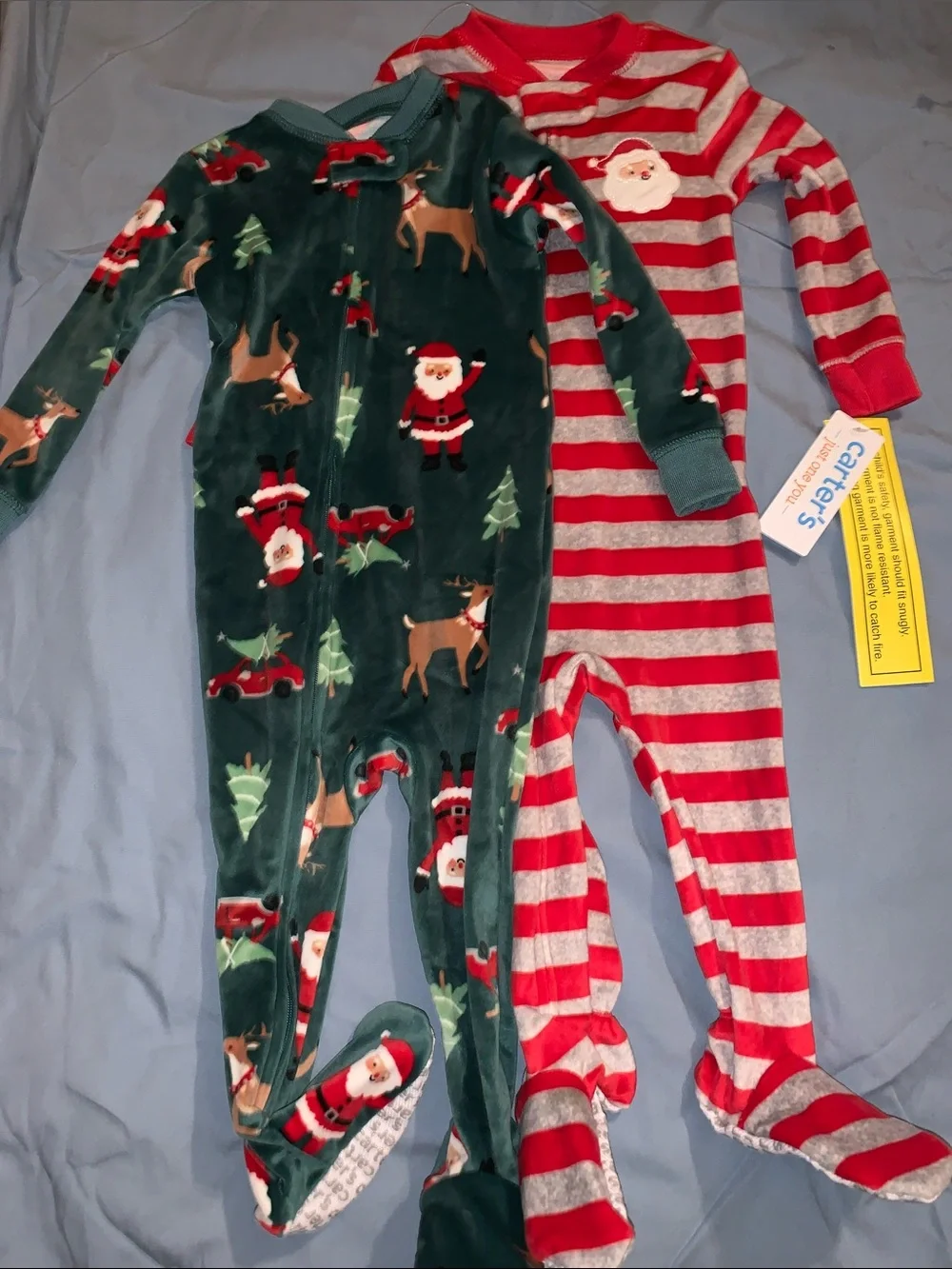 2PC Carter's Red & Green Holiday Footed One-Piece Pajamas - Santa & Reindeer